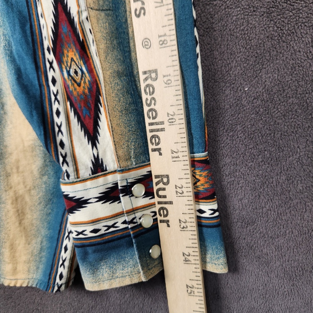 Vintage Wrangler Western Shirt Mens 2XL Blue Tan Southwestern Aztec Pearl Snap - Picture 6 of 7